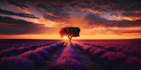 Lavender Field in Provence, France, Bathed in the Warm Glow of Evening Light