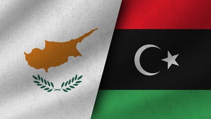 Libya and Cyprus Realistic Two Flags Together, 3D Illustration