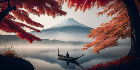 Serene Autumn Morning with Red Maple, Fisherman Boat, and Misty Ambiance at Kawaguchiko Lake