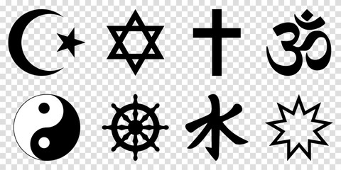 World religion symbols set. Islam, Judaism, Christianity, Hinduism, Taoism, Buddhism, Confucianism, Bahaism. Vector illustration