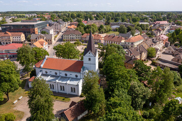 Fototapeta na wymiar Aerial view of the city center and Saldus Lutheran Church. Saldus, Latvia