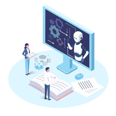 isometric illustrarion of robotic artificial intelligence technology 