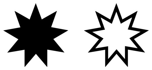 Set of Bahai stars. Flat and line art style. Vector illustration isolated on white background