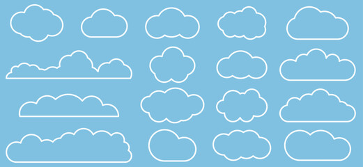Set of cloud line icons. Weather symbols. Vector illustration isolated on blue background