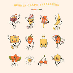 Groovy bold y2k retro summer and spring season party characters set. Happy summertime fruit food vintage doodle mascot design collection. Isolated on white background clip art. Vector illustration 