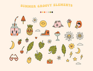 Groovy bold y2k retro summer and spring season party elements set. Happy summertime vintage hand drawn doodle sticker design collection. Isolated on white background clip art. Vector illustration 
