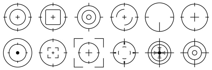 Set of target icons. Gun target, focus, crosshair, reticle, viewfinder. Vector illustration isolated on white background