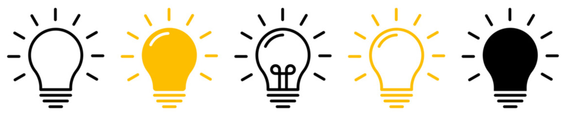 Lightbulb icons. Electric lamp, light, innovation, solution, creative thinking, electricity symbol. Vector Illustration