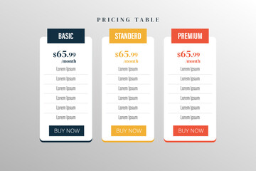 Business price table concept in realistic vector design. Pricing or subscription plan web elements. Website marketing or promotion checklist template. Product comparison pricing table chart service