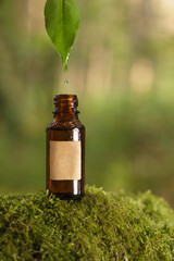 Oil drops entering a bottle on a green background, empty label. Mockup.