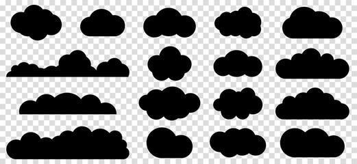 Black cloud icons set. White clouds element. Weather symbol. Vector illustration isolated on transparent background