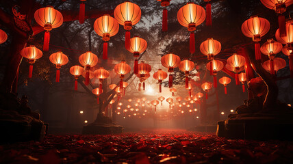 Red lanterns in traditional Chinese festival. Generative Ai