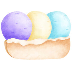 Watercolor colorful ice cream and topping. dessert. hand painted