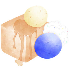 Watercolor colorful ice cream and topping. dessert. hand painted