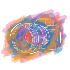 Camera with big lens in hand drawn and water painting design for photography day template design