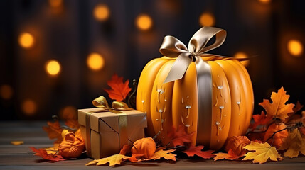 A gift box with a pumpkin and a gift box with a red background. Generative Ai