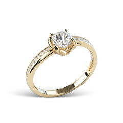 Blank gold ring with diamond mockup stand, half-turned view, 3d rendering. Empty female sparkle jewelery with carat mock up, isolated. Clear platinum metal accessory template.