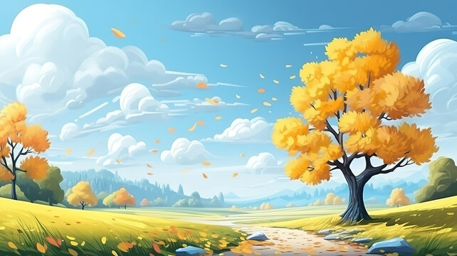 Autumn landscape background with trees 3d cartoon style. Generative Ai