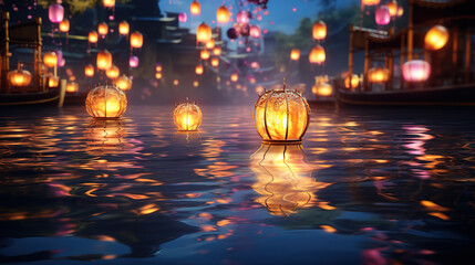 Japanese lanterns floating on the riverbed. Generative Ai