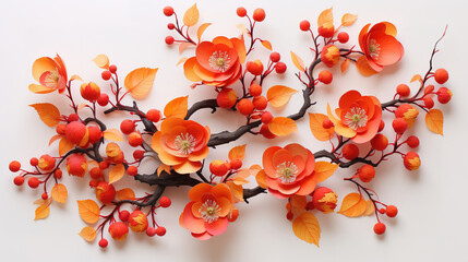 Paper persimmon and autumn leaves. Generative Ai
