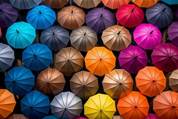 Background of colorful umbrellas, generative ai