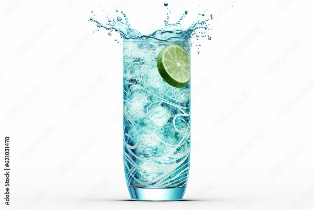 Poster sparkling water and iced water in a glass on a white background. made using generative ai tools