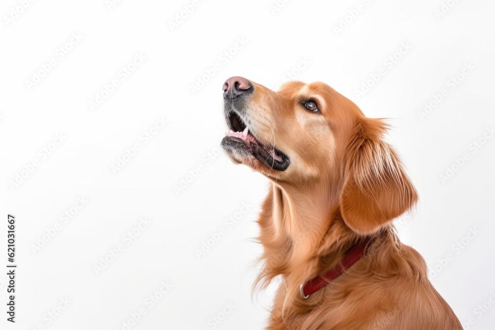 Wall mural The dogs tongue is dangling in this studio image of a calm Golden Retriever on a white background.