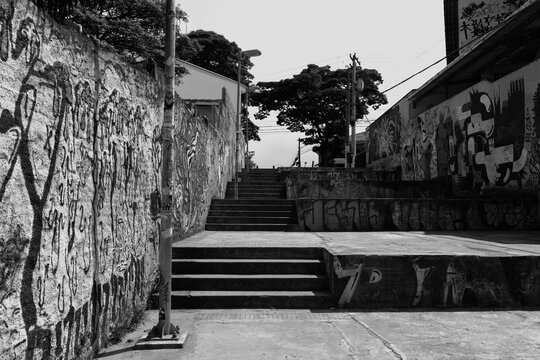 empty street with a long and empty ladder and grafiti on the walls 