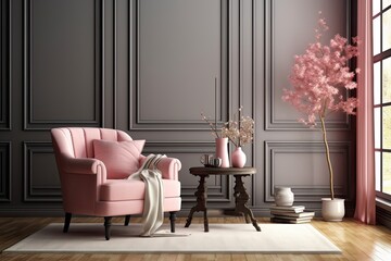An open living room has a pink armchair, a poster, a grey wall with wainscoting, and a window with curtains.