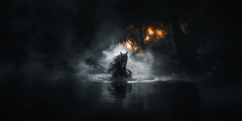 Horse in the dark water at night with fog and fire