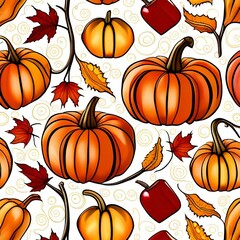 Background Pattern of Pumpkins, Apples, and Fall Leaves With Gold Swirls on White 