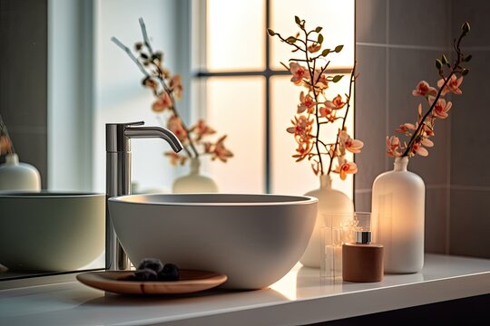 Candles, clean towels, and a vase with a few ornamental branches are positioned around the vessel sink in the bathroom. Detailing in architecture