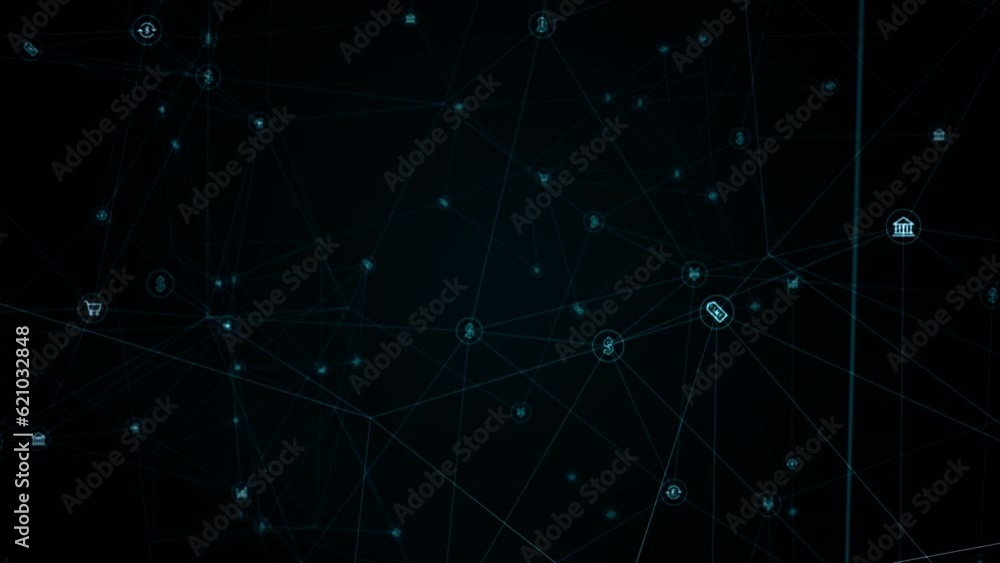 Poster Motion graphic of Blue digital money icon linked on grid mesh and line connection on futuristic abstract background technology financial and cryptocurrency concept with camera zoom seamless loop video