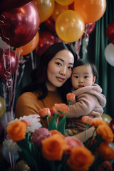 Fototapeta na wymiar young asian mother with her daughter celebrating a birthday. balloons and flowers. woman and girl. Generative, AI