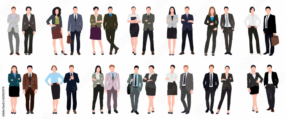 Wall mural Set of pair of business man and women in Different pose standing in a row.