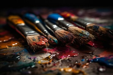 Fototapeta premium paints and brushes, Creative Close-Up of Brightly Painted Brushes on a Canvas, Showcasing Fine Droplets and Splatters of Paint