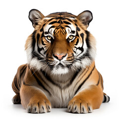 Fototapeta premium An adult tiger isolated on white background. Fierce eyes are watching the future.