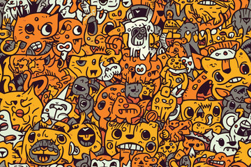 doodles representing cute cats, dogs, and skulls , organ yellow-white color seamless pattern