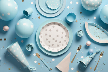 Light blue table with baloons and confetti, party table for a baby boy shower or gender reveal, generative AI - obrazy, fototapety, plakaty