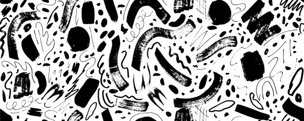 Brush curly lines seamless pattern. Pencil squiggles ornament. Squiggles brush strokes vector background. Hand drawn marker scribbles, curved lines. Black pencil sketches.   - obrazy, fototapety, plakaty