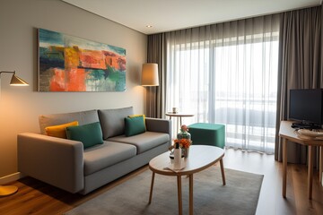 A contemporary hotel apartments living area, complete with a trendy sofa and artwork. real picture
