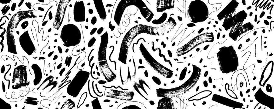 Brush curly lines seamless pattern. Pencil squiggles ornament. Squiggles brush strokes vector background. Hand drawn marker scribbles, curved lines. Black pencil sketches.  