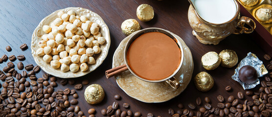 Sweets on the background of coffee still life