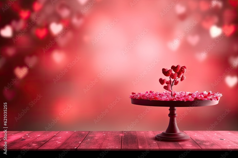 Poster Valentines Day. Valentines Day background with a table and bokeh. I love the red background. Valentines Day display that is empty