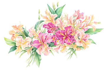 Watercolor drawing with Gladiolus and leaves. Mother's Day card. Floral design with Gladiolus flowers. Templates for design, botanical illustration in watercolor style. Generative AI