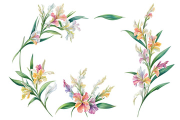 Fototapeta na wymiar Watercolor drawing with Gladiolus and leaves. Mother's Day card. Floral design with Gladiolus flowers. Templates for design, botanical illustration in watercolor style. Generative AI