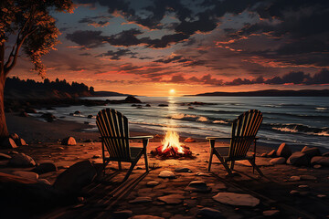 evening bonfire on the beach.AI generative