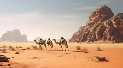 Tuareg with camels walk thru the desert.