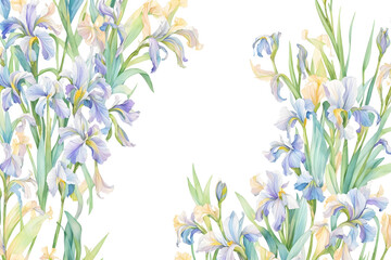 Watercolor drawing with irises and leaves. Mother's Day card. Floral pattern for wallpaper or fabric with iris flowers. Templates for design, botanical illustration in watercolor style. Generative AI