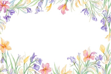 Fototapeta na wymiar Watercolor drawing with irises and leaves. Mother's Day card. Floral pattern for wallpaper or fabric with iris flowers. Templates for design, botanical illustration in watercolor style. Generative AI